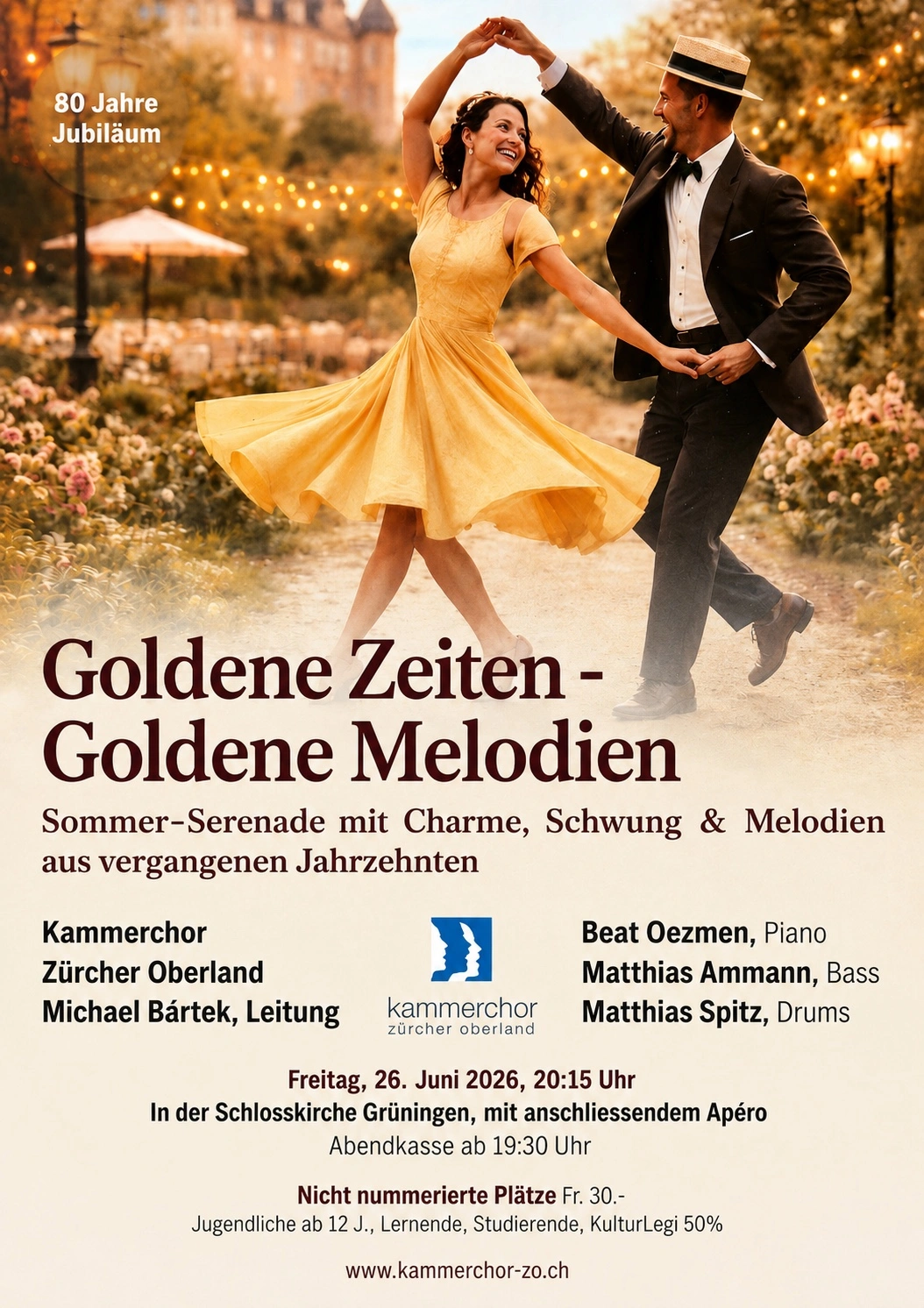 Flyer Goldene Zeiten – Goldene Melodien, Sommer-Serenade des Kammerchor Zürcher Oberland am 26. Juni 2026